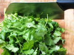 洗淨芫荽之後將之切成中等份