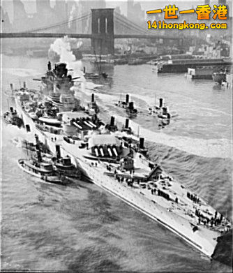 Richelieu arrives in New York with her damaged turret II. The uppermost fire con.jpg