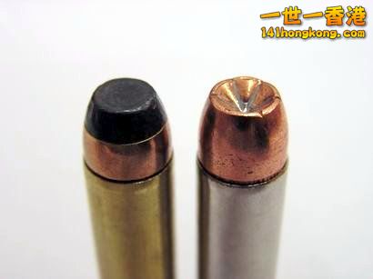 .357麥格農空尖子彈；左：.357平軟頭型（flat-nosed softpoint）子彈，右：.357空尖彈.jpg