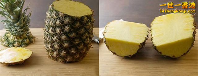 step 1 菠蘿(鳳梨)去頭去尾，立在砧板上，然後打豎對半切開.jpg