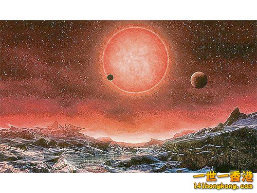 電腦模擬圖顯示其中一顆行星上所看見的 巨型粉紅色恆星  “Trapp ist-1”。.jpg.jpg
