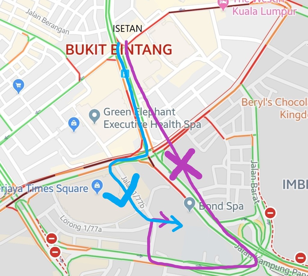 Follow the blue arrow, not the purple one!