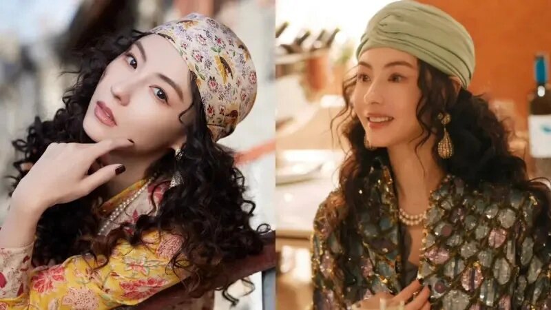 2  張柏芝身穿一襲碎花連身裙搭配頭巾，留著一頭羊毛卷造型出席品牌活動，看起來復古.jpg