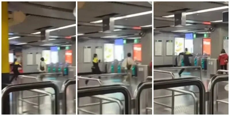影片可見尖沙咀站一名港鐵長髮女職員，正在站內大堂追趕一名穿白色褸的男子，二人如同賽跑..jpg