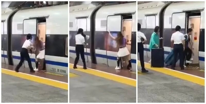 廣東深圳市一名女旅客近日在深圳北站，為等待同行人上車，強行用腳阻擋高鐵車門關閉，.jpg