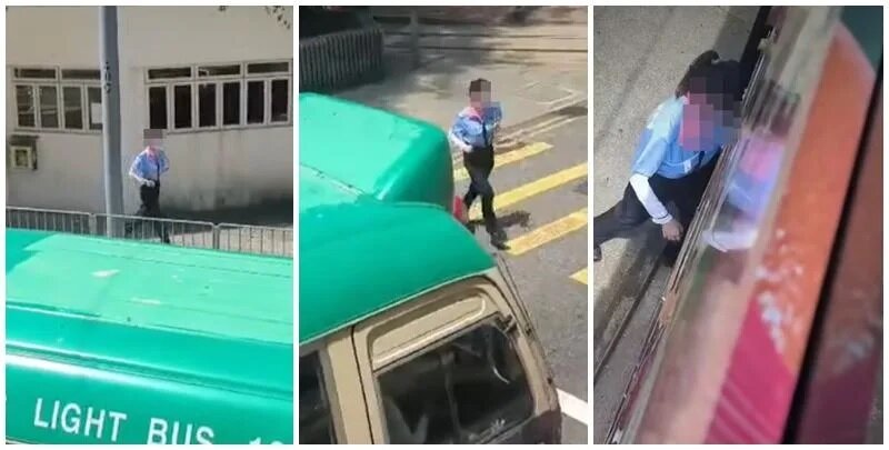 影片可見現場為德輔道西，畫面顯示一名電車女車長正從站長室離開，並急步跑回車上，相.jpg