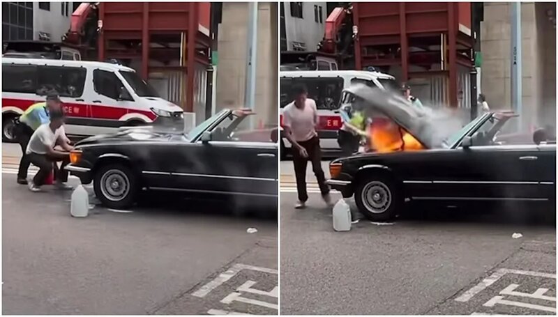 銅鑼灣有古董平治起火。(@fbSing Chai影片截圖).jpg