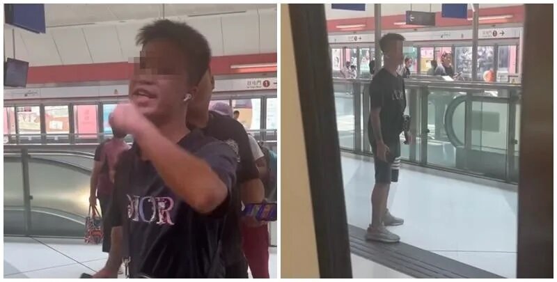 港鐵朗屏站一名黑衣男子疑落車時與人有肢體接觸後情緒激動，於月台公然聲稱是三合會「.jpg
