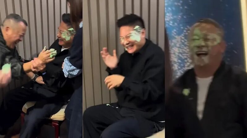 2 曾志偉手拿綠色的忌廉塗抹到錢嘉樂臉上，其後他自己亦忌廉塗臉。（Threads@Annie Ma.jpg