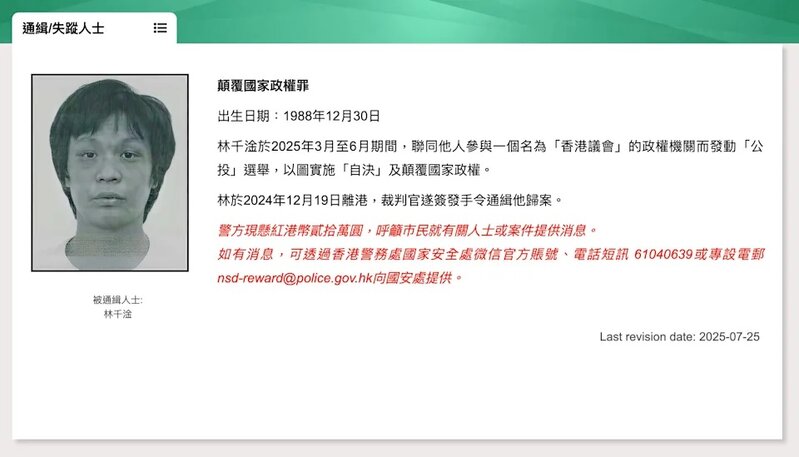 林千淦被警方以 20 萬港元懸紅通緝。.jpg