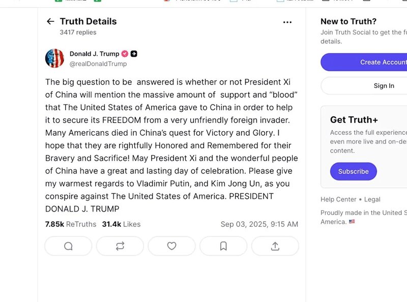 美國總統特朗普在 Truth Social 發文回應中國閱兵。.jpg