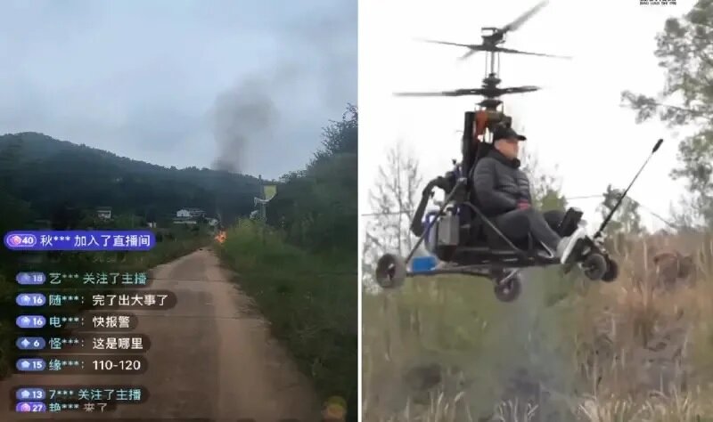 ▲中國55歲網紅「唐飛機」27日開直播駕駛超輕型飛機時，飛機在空中失去控制，墜機摔成.jpg