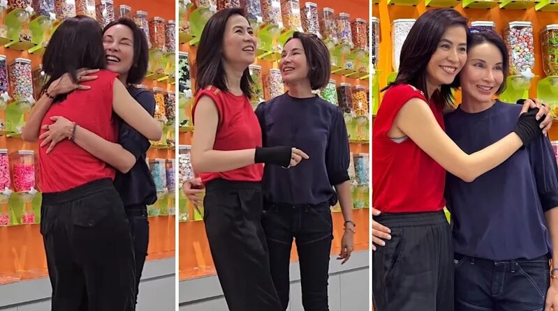 1 宣萱到新加坡剪綵時遇上雪兒，兩人關心擁抱，雪兒樣貌受到關注。（網上影片截圖）.jpg