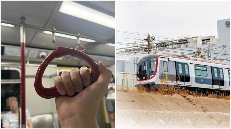 有網民在社交媒體上分享，原本緊握車廂上方設有的紅色吊環扶手，但是扶手接駁位突然斷裂。.jpg