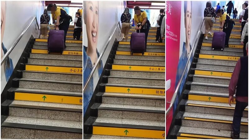 一港鐵女職員於旺角站出口幫1名外籍女子拉行李箱上樓梯。(Threads).jpg