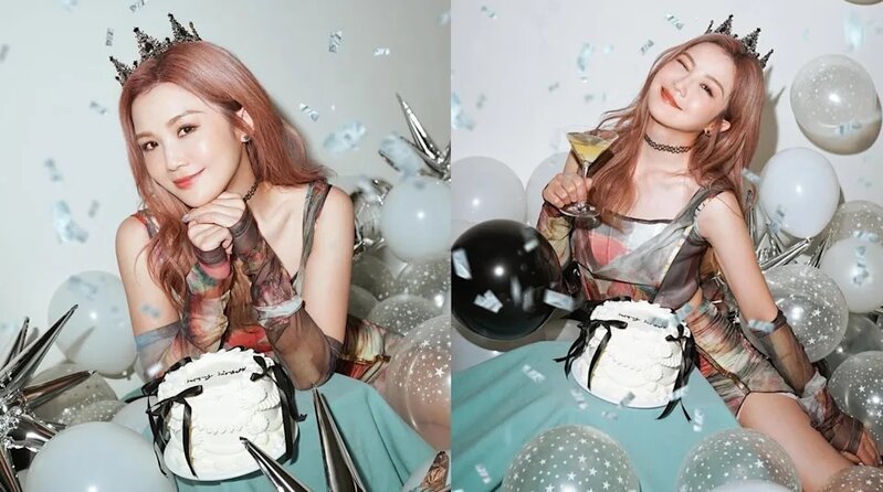 1 Twins成員蔡卓妍（阿Sa）迎來43歲生日，精心打扮下捧着蛋糕、開心舉杯，更露出美腿.jpg