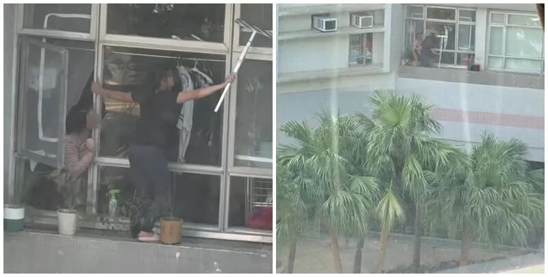 海怡半島一名外傭站出窗外花槽抹窗。(facebook群組「海怡半島討論區」影片).jpg