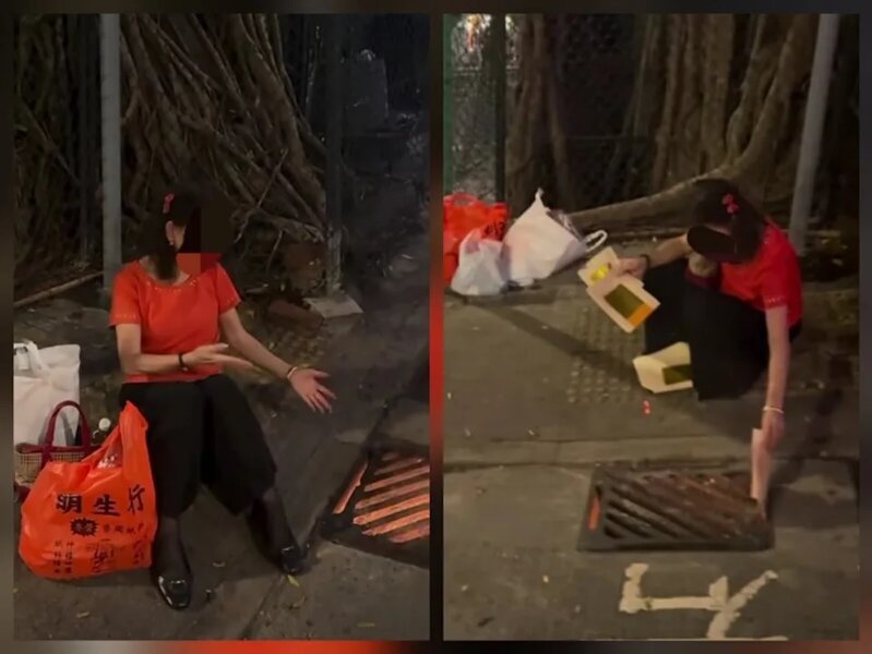 紅衫女高街鬼屋外渠道燒衣紙　街坊憂爆炸勸阻遭無視.jpg